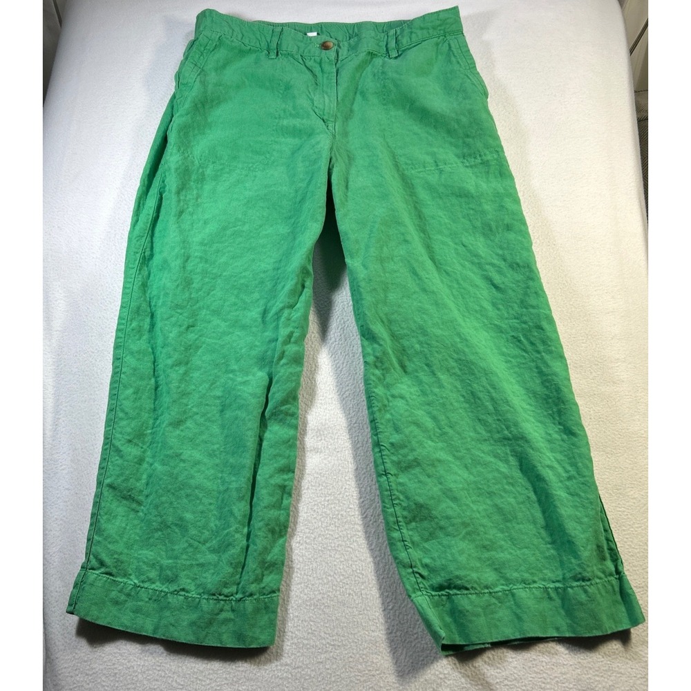 J Jill 100% Linen Cropped Pants Sz M Green Straight Leg Boho Coastal Lagenlook